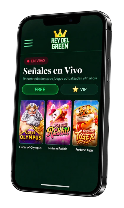 Aplicación Rey del Green en un celular, con señales en vivo y selección de juegos